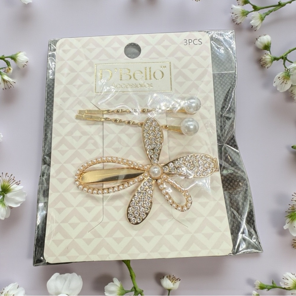 🏷️‼️5/$25🏷️‼️💛D’BELLO💛Faux Pearl & Rhinestone 3-Piece Hair Clip Set/NIP